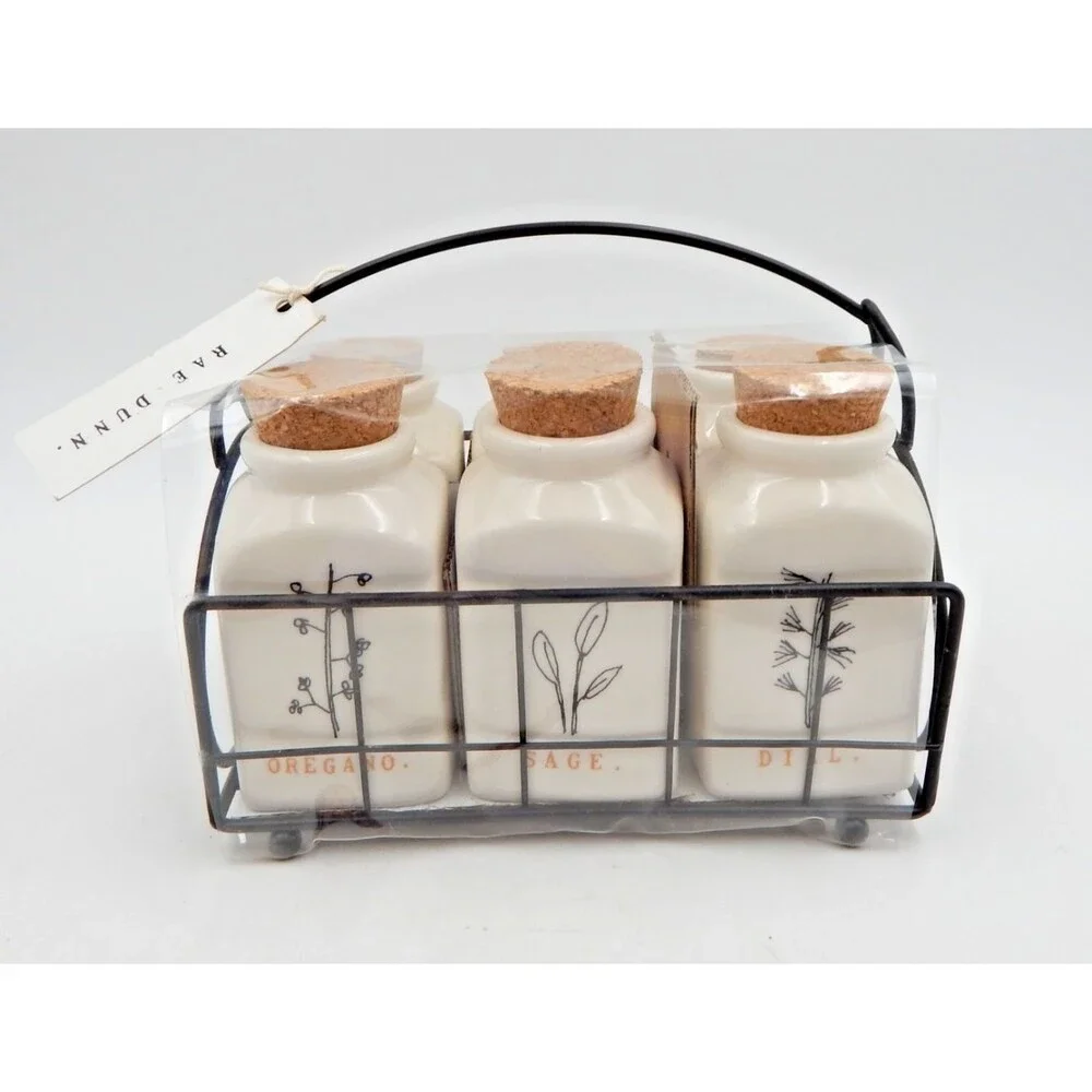 Rae Dunn By Magenta Spice Jars in Metal Holder 6 Jars Cork Stopper